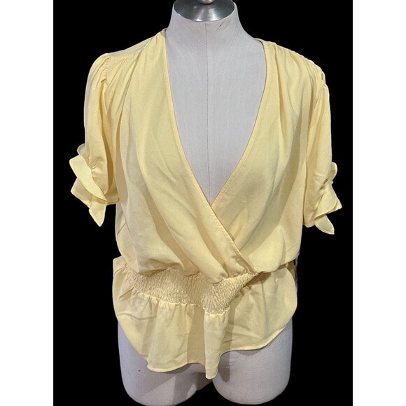 1.STATE Cross Front Women's V-Neck Short Sleeve Yellow Top Size Large NWT - Picture 1 of 6